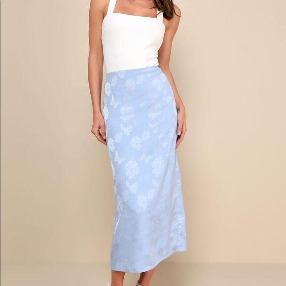LULUS Delightful Approach Light Blue Floral Jacquard Midi Skirt Sz L NWT in pkg. - Picture 1 of 7
